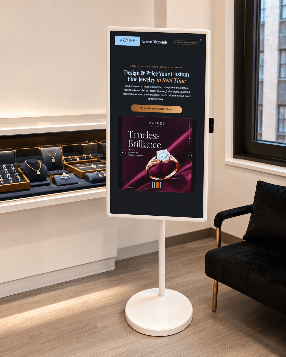AUZZY workstation positioned beside a luxury jewelry counter